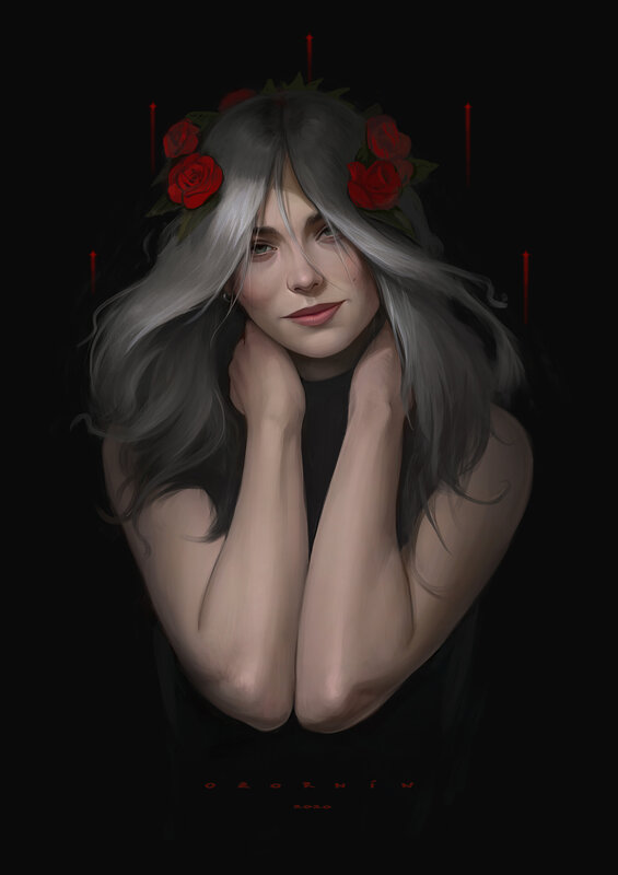Woman with Silver Hair — Black, Dramatic, Night, Digital Art, Red Roses