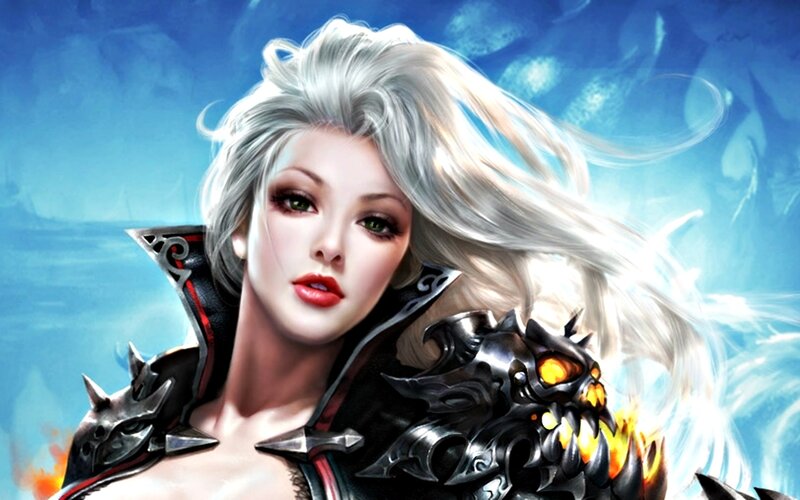 Woman with Silver Hair — Blue, Dramatic, Digital Art, Armor