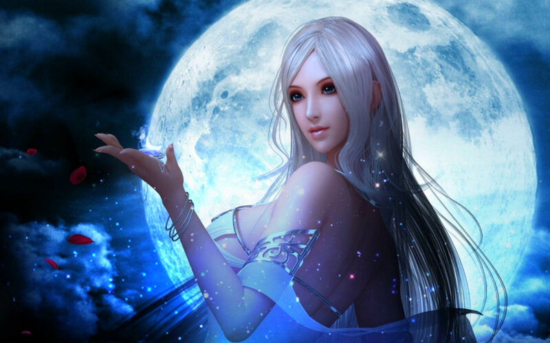 Woman with Silver Hair — Blue, Dramatic, Night, Digital Art, Moon, Rose Petals