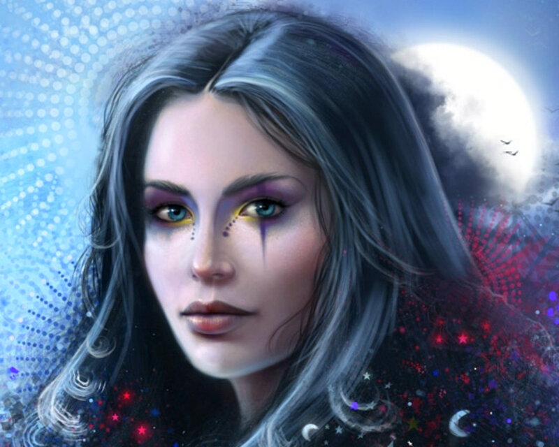Woman with Silver Hair — Blue, Dramatic, Night, Digital Art, Moon, Stars