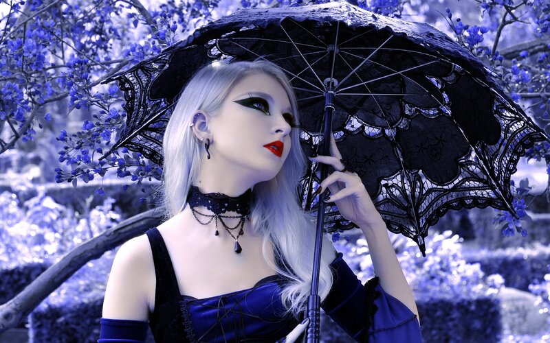 Woman with Silver Hair — Blue, Dramatic, Photograph, Umbrella