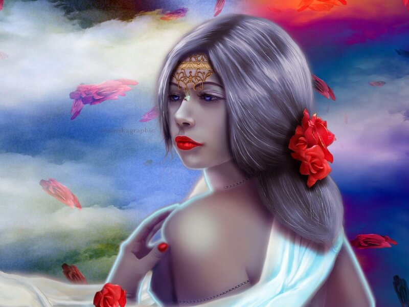 Woman with Silver Hair — Blue, Dreamy, Digital Art