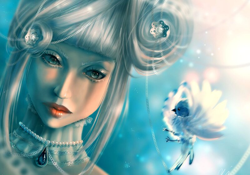 Woman with Silver Hair — Blue, Serene, Digital Art, Bird