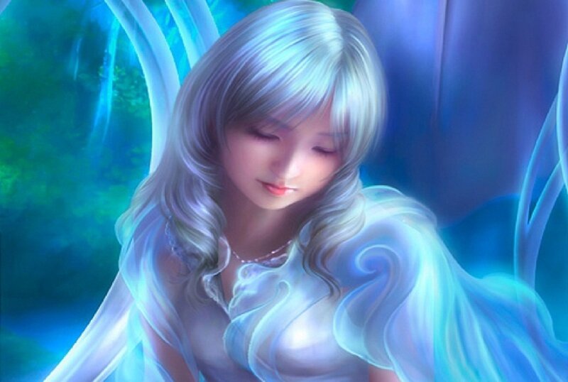 Woman with Silver Hair — Blue, Serene, Digital Art, Wings