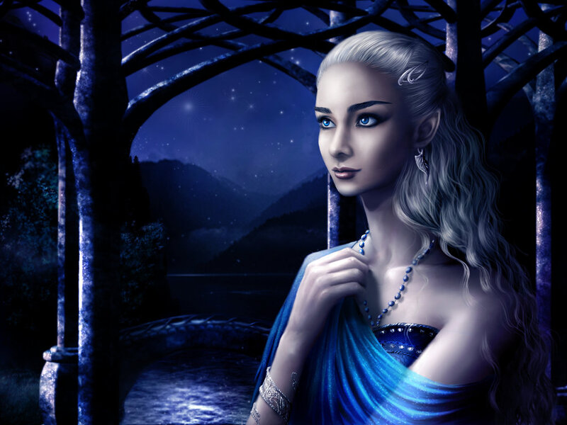 Woman with Silver Hair — Blue, Serene, Night, Digital Art, Night Sky