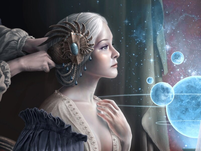 Woman with Silver Hair — Blue, Serene, Night, Digital Art