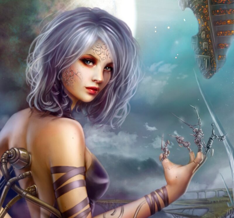 Woman with Silver Hair — Dramatic, Digital Art, Mechanical Arm