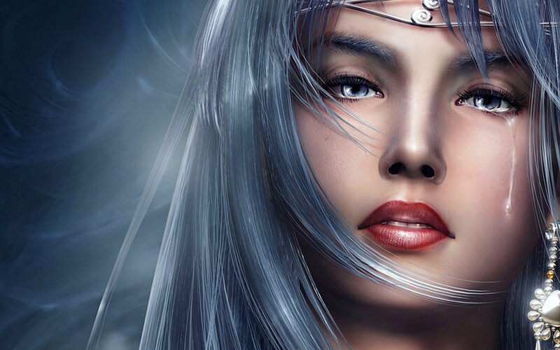 Woman with Silver Hair — Dramatic, Digital Art, Tear