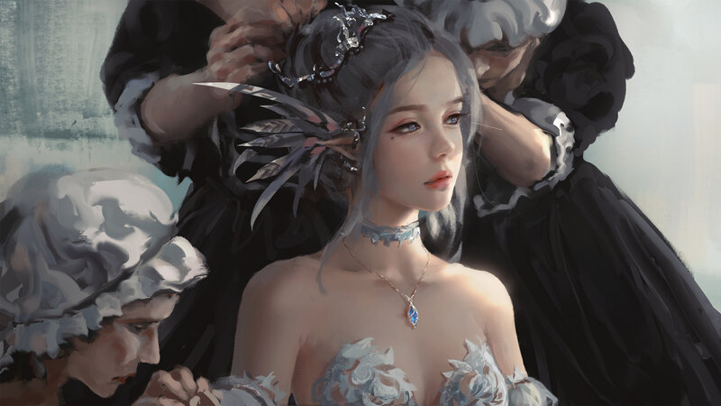Woman with Silver Hair — Gray, Dramatic, Digital Art, Crowd