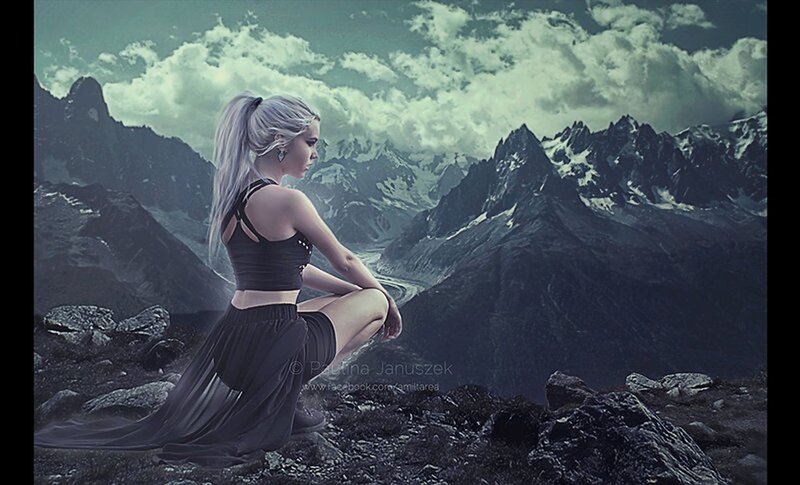 Woman with Silver Hair — Gray, Dramatic, Digital Art, Mountains