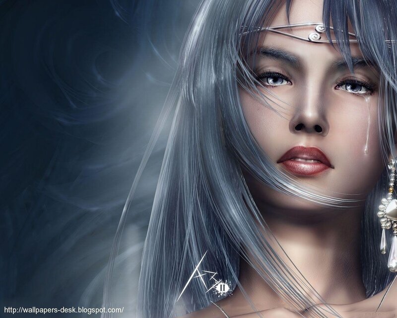 Woman with Silver Hair — Gray, Dramatic, Digital Art