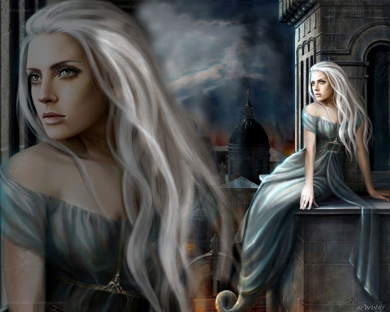 woman with silver hair on balcony