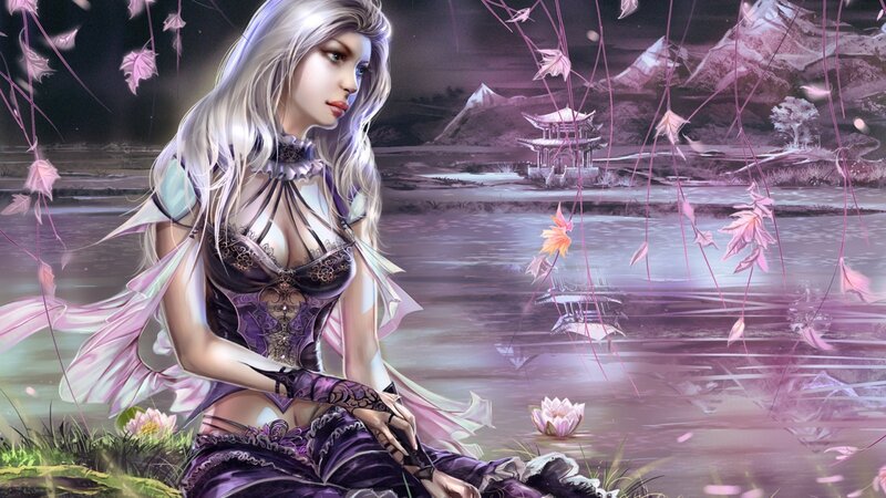 Woman with Silver Hair — Purple, Serene, Night, Digital Art, Lotus Flower