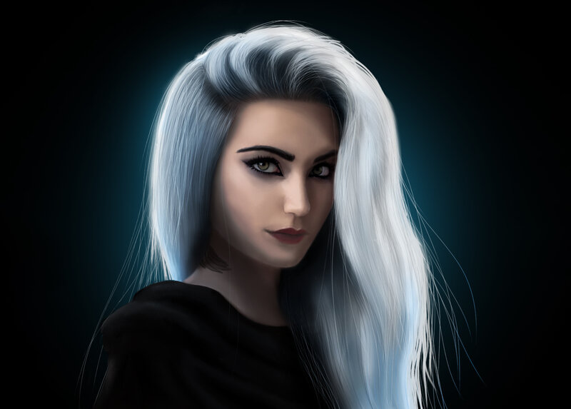Woman with Silver Hair — White, Dramatic, Digital Art, Black Clothing