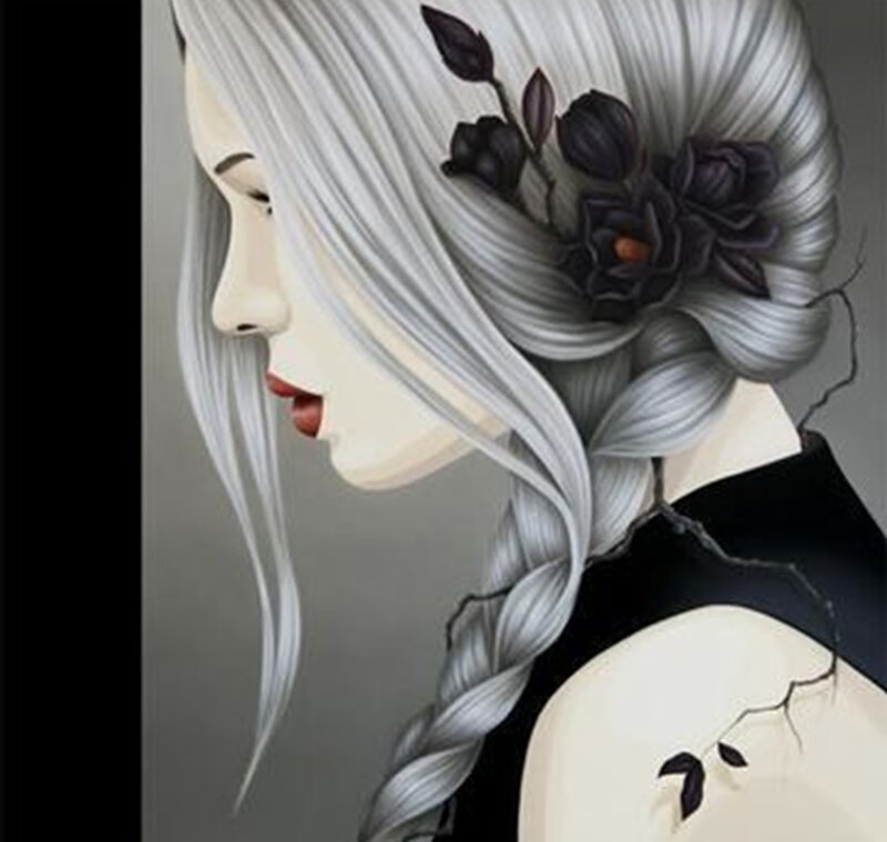 Woman with Silver Hair — White, Dramatic, Digital Art, Black Flowers