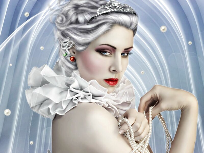 Woman with Silver Hair — White, Dramatic, Digital Art, Pearl Necklace