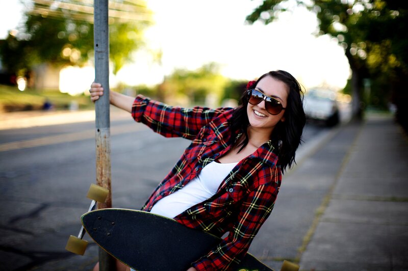 Woman with Skateboard — Red