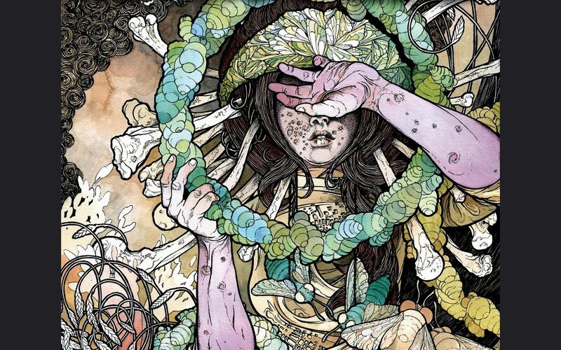 woman with skeletal hands and green vines