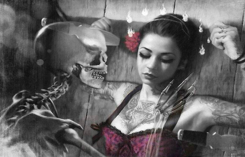 Woman with Skeleton — Black, Dramatic, Digital Art