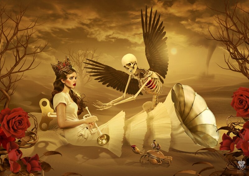 Woman with Skeleton — Brown, Dramatic, Sunset