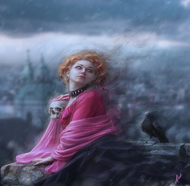 Woman with Skull and Crow — Pink