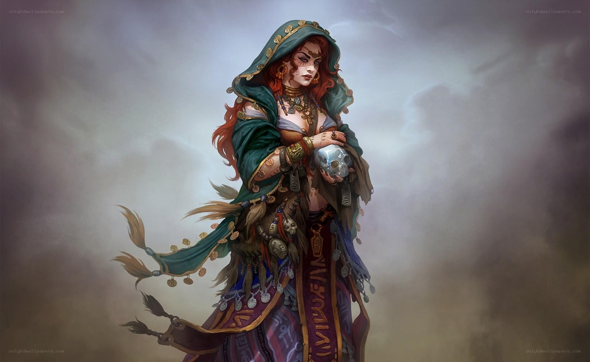 Woman with skull and green cloak