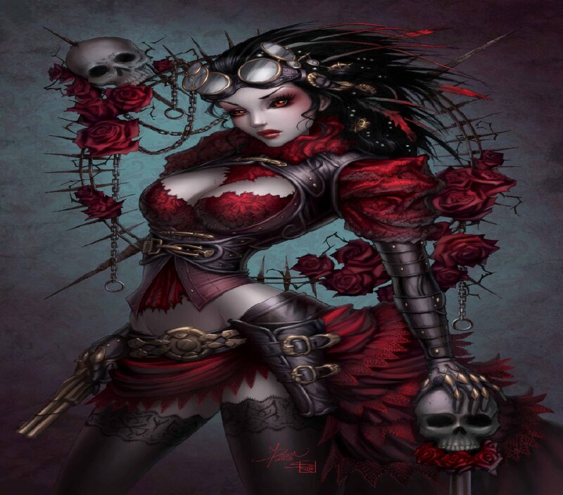Woman with Skull and Roses — Red, Dark