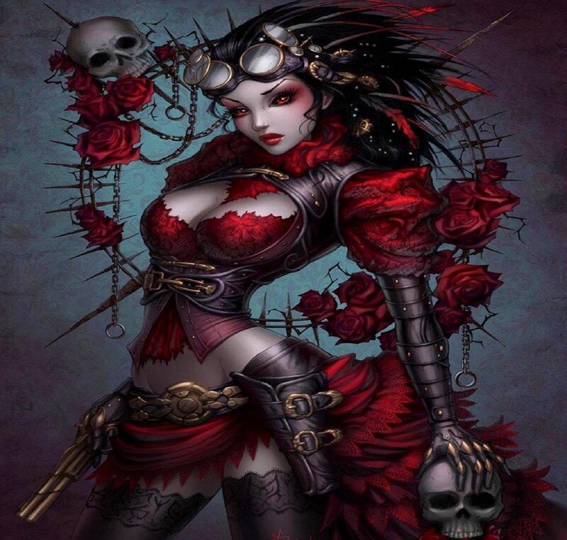 Woman with Skull and Roses — Red