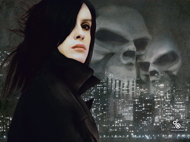 woman with skull cityscape