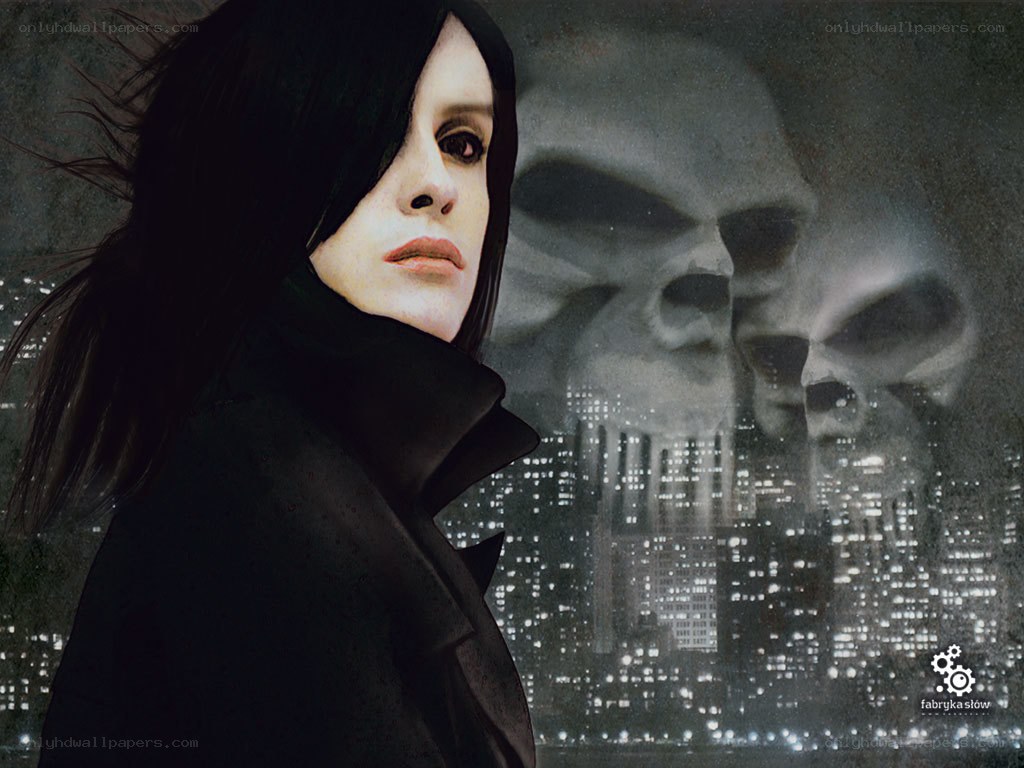 woman with skull cityscape