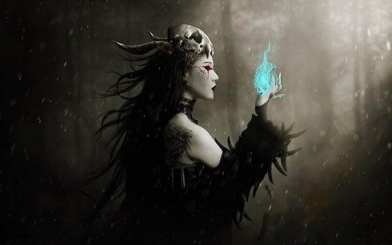 woman with skull crown and magic