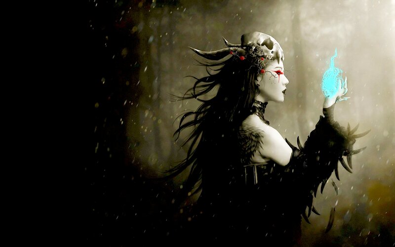Woman with Skull Crown — Black, Dramatic, Digital Art