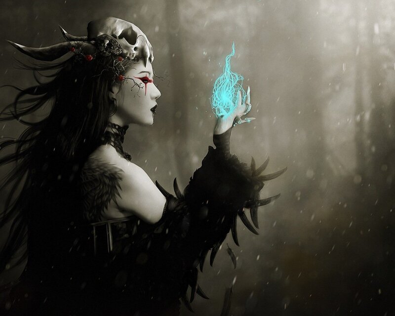 woman with skull crown casting spell