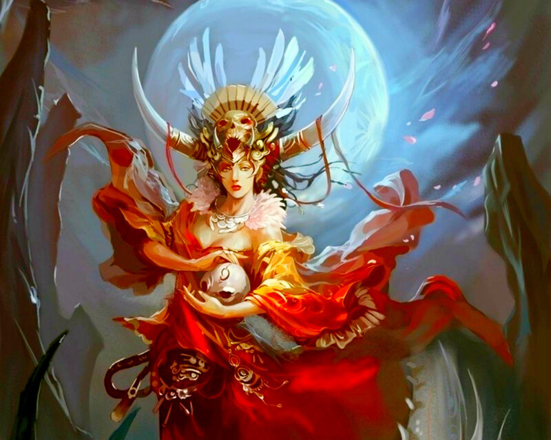 Woman with Skull Crown — Red, Dramatic, Night