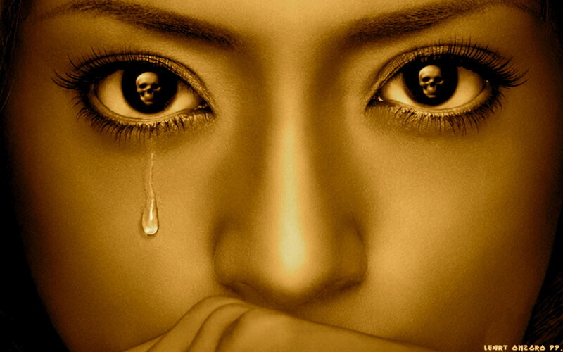 woman with skull eyes crying
