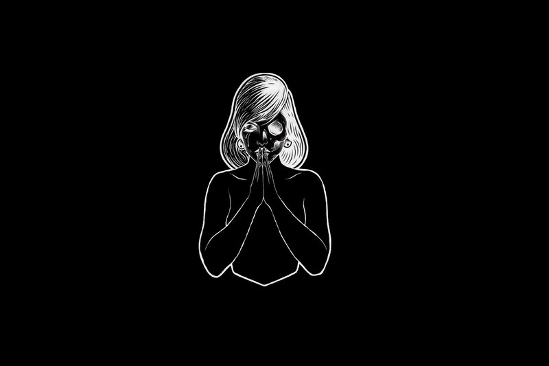 Woman with Skull Face — Black, Dramatic, Illustration