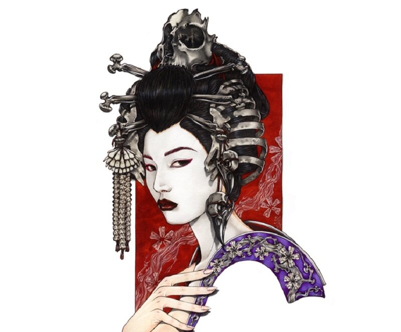 Woman with Skull Hairpiece