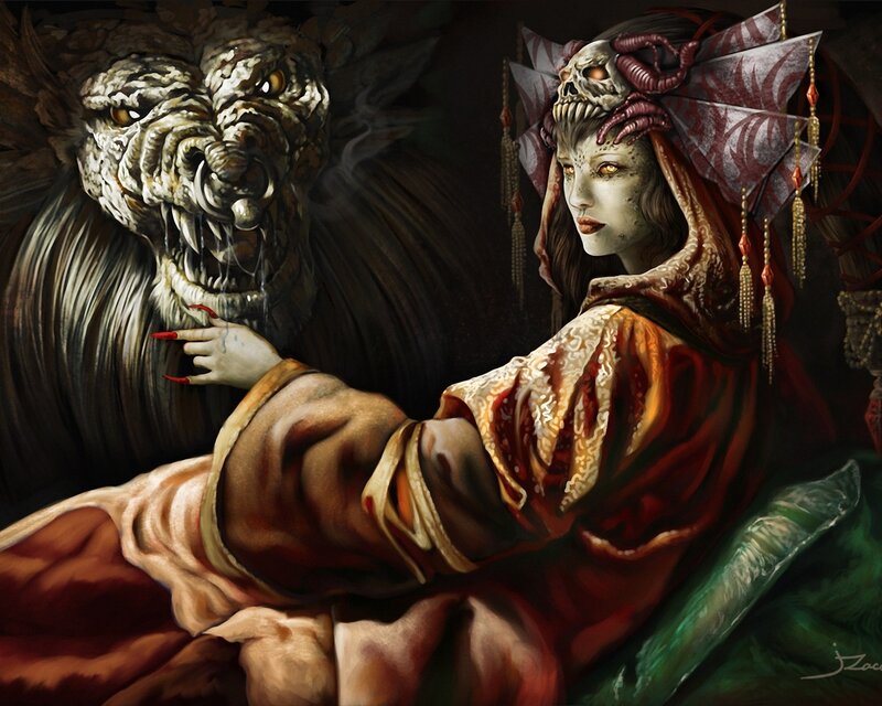 Woman with Skull Headdress — Red, Dramatic, Digital Art