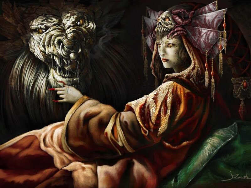 Woman with Skull Headdress — Red