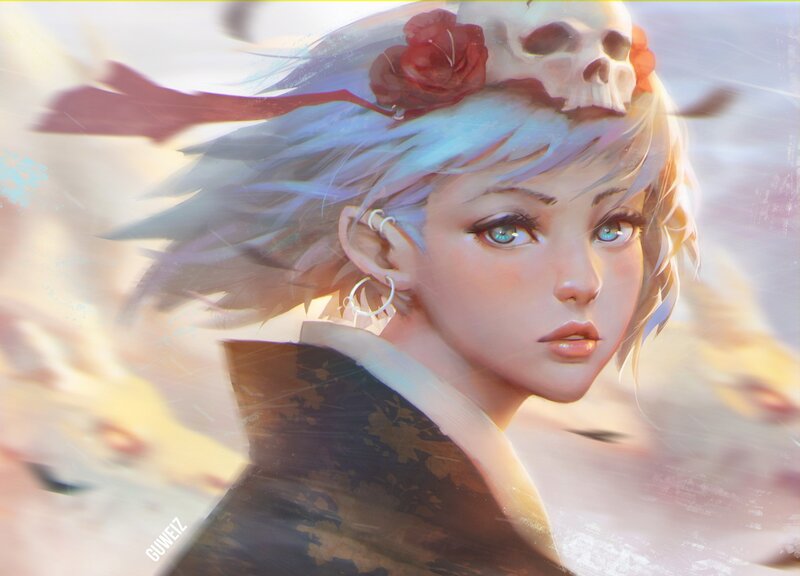 Woman with Skull Headpiece — Blue