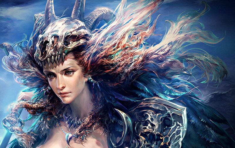 Woman with Skull Helmet — Blue, Dramatic, Digital Art