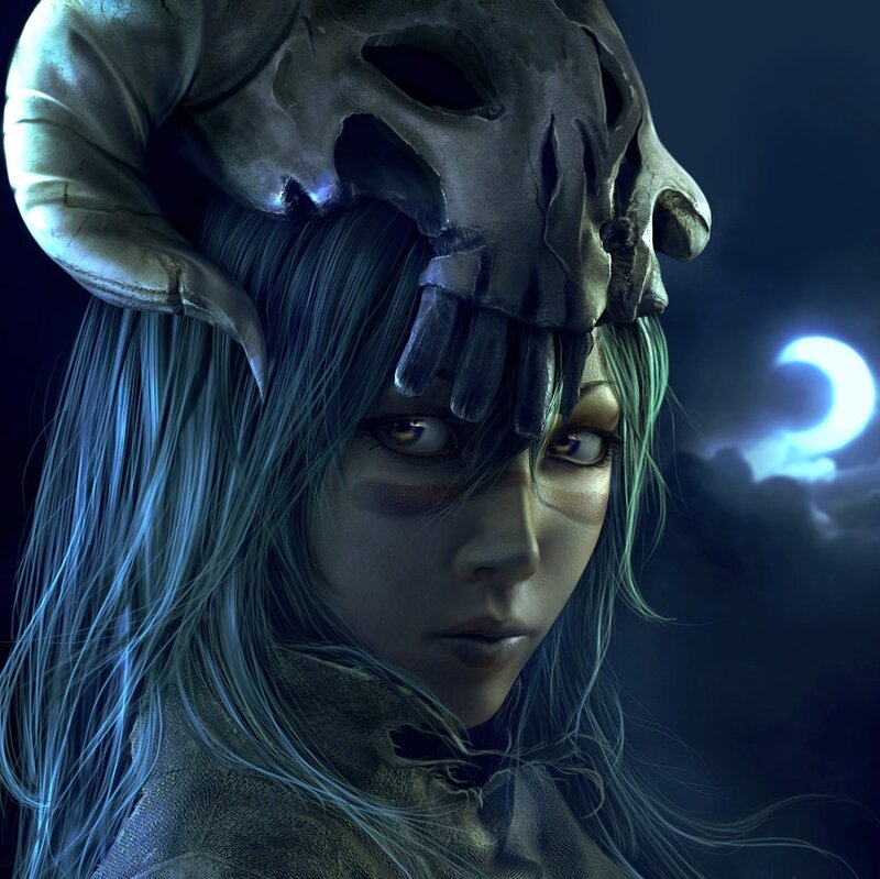 Woman with Skull Helmet — Blue, Dramatic
