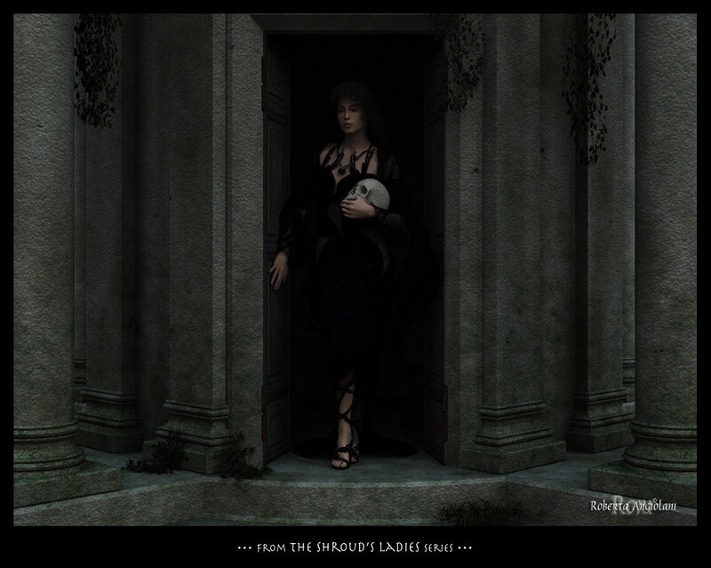 Woman with skull in a doorway