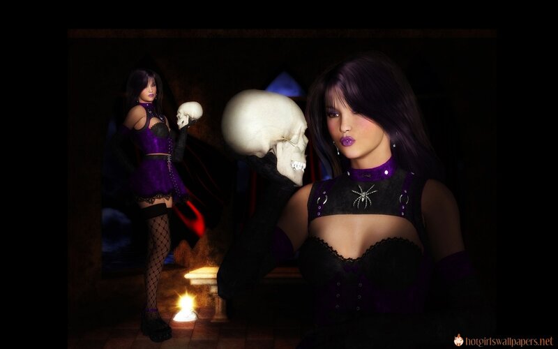 woman with skull in dark room