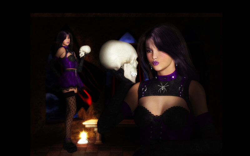 woman with skull in dark room