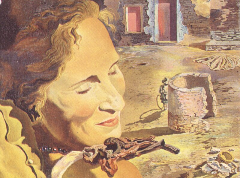 woman with skull in ruins
