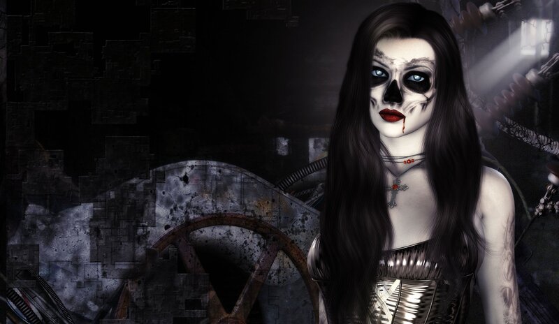 Woman with Skull Makeup — Black, Dark, Digital Art, Long Hair