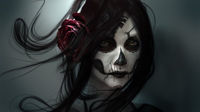 Woman with Skull Makeup — Black, Dramatic, Digital Art, Rose