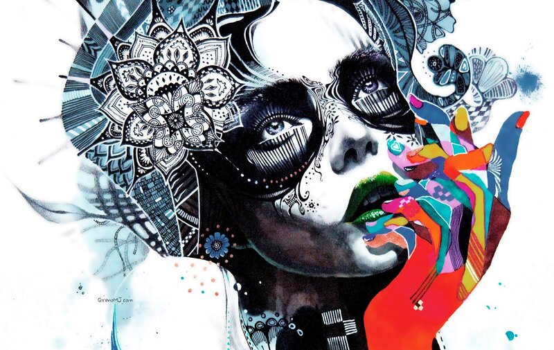 Woman with Skull Makeup — Black, Dramatic, Digital Art, Skull Makeup, Colorful Hand