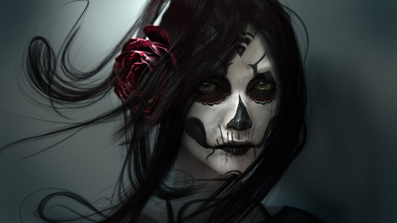 Woman with Skull Makeup — Black, Dramatic, Digital Art, Skull Makeup